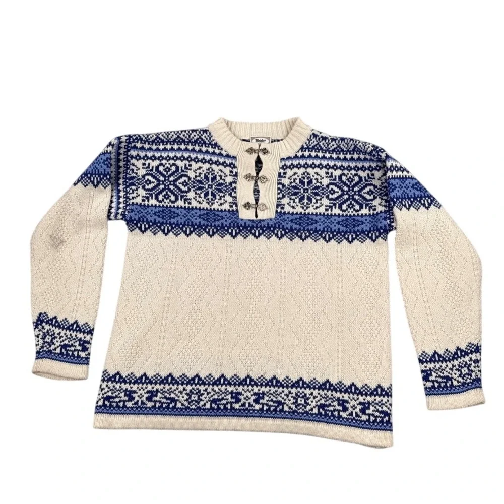 Vintage Meister Sweater M Mens Nordic Wool Blend Blue Cream Fair Isle Pewter